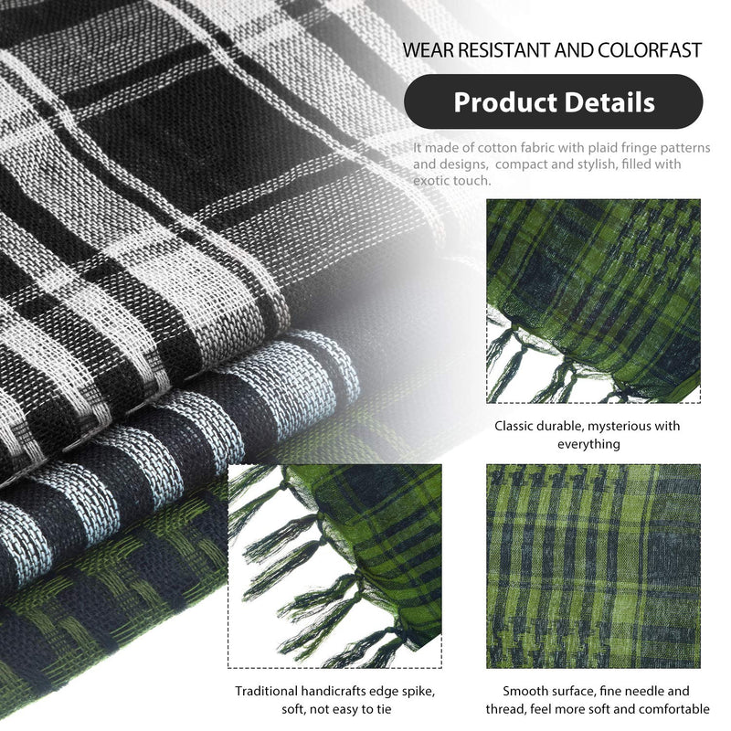 [Australia] - 3 Arab Plaid Fringe Scarves Cotton Shemagh Keffiyeh Head Neck Scarf with Tassel for Tactical Outdoor Camping Accessory Unisex Army Green, Black White, Grey 