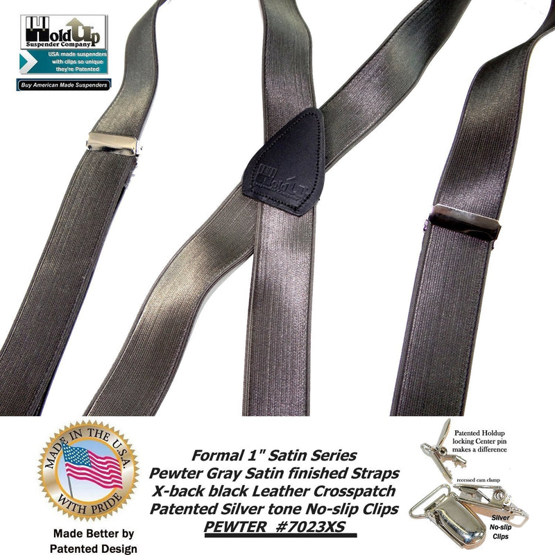 [Australia] - Holdup Brand dark Pewter Grey Satin Finished 1" narrow X-back Suspenders with Silver tone Silver No-slip clips 