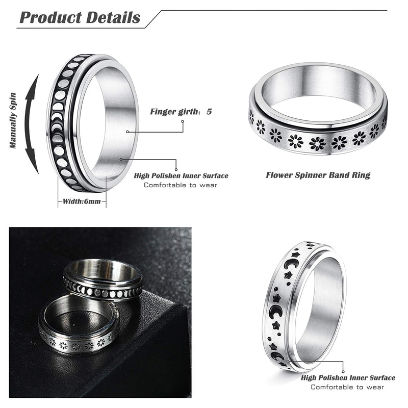 [Australia] - Jstyle 4Pcs Stainless Steel Fidget Band Rings for Women Mens Spinner Rings Flower Moon Star Cool Rings Stress Relieving Wedding Promise Rings Set 5 