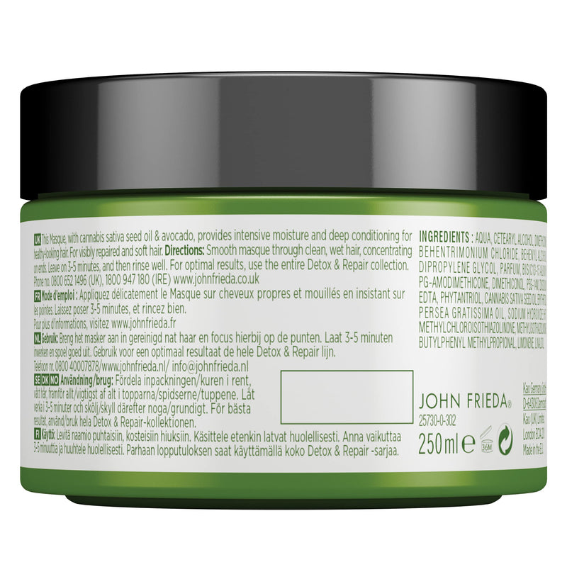 [Australia] - John Frieda Detox & Repair Masque Hair Mask 250ml for Dry, Stressed & Damaged Hair with Cannabis Sativa Seed Oil & Avocado 