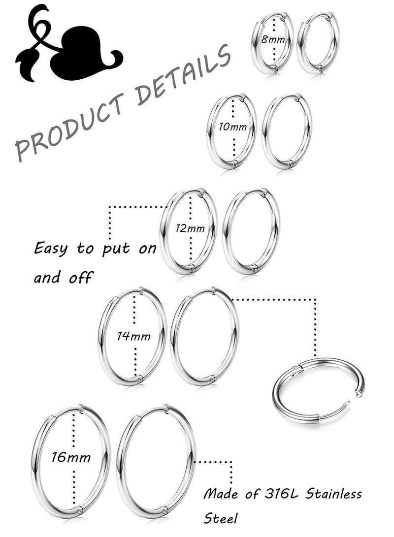 [Australia] - Milacolato 5Pairs Stainless Steel Basic Endless Hoop Earrings for Mens Womens Cartilage Piercing Nose Tongue Body Ring 8-16mm A:5 Pairs Silver tone 