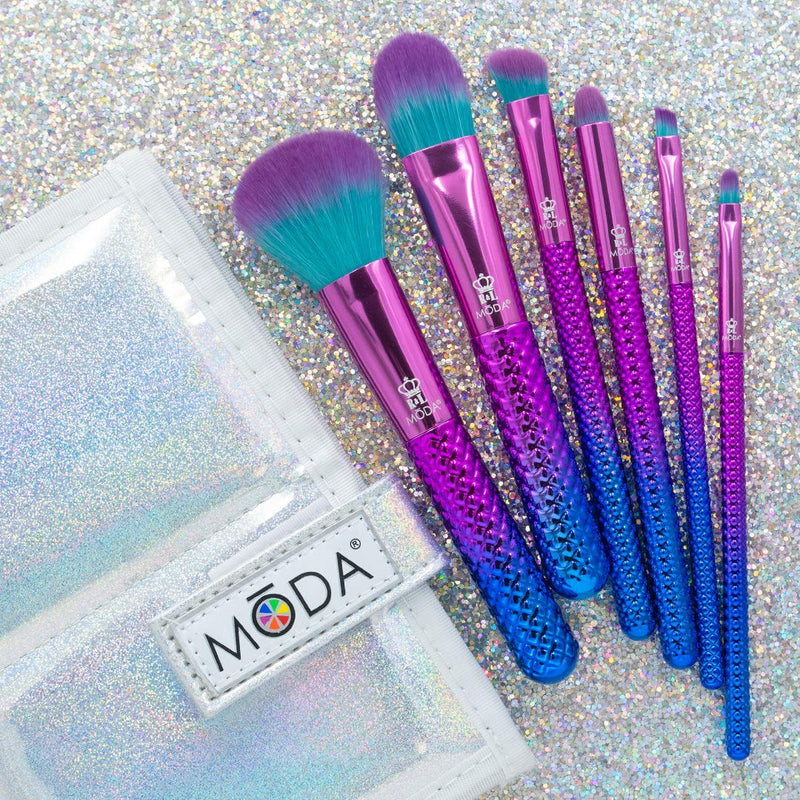 [Australia] - MODA Travel Size Prismatic Total Face 7pc Makeup Brush Set with Pouch, Includes - Powder, Foundation, Angle Shader, Smoky Eye, Brow Liner and Pointed Lip Brushes, Prismatic 