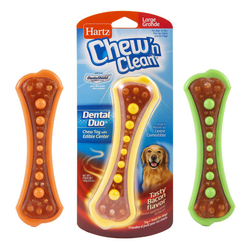 [Australia] - Hartz Chew ‘n Clean Dental Duo Dog Chew Toy, Dog Toy & Bacon Flavored Treat in One, Color & Toy Size Varies Large 1 Count 