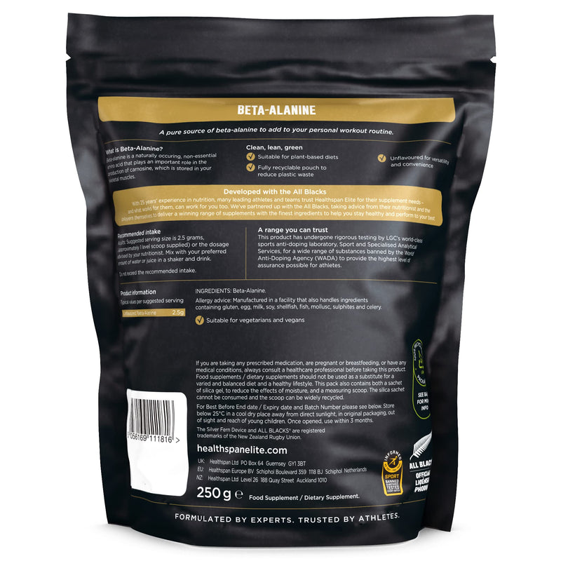 [Australia] - Healthspan Elite All Blacks Beta Alanine (250g) | Pre-Workout | Non Essential Amino Acid | Production of Carnosine | Unflavoured | Gluten Free | Vegan 