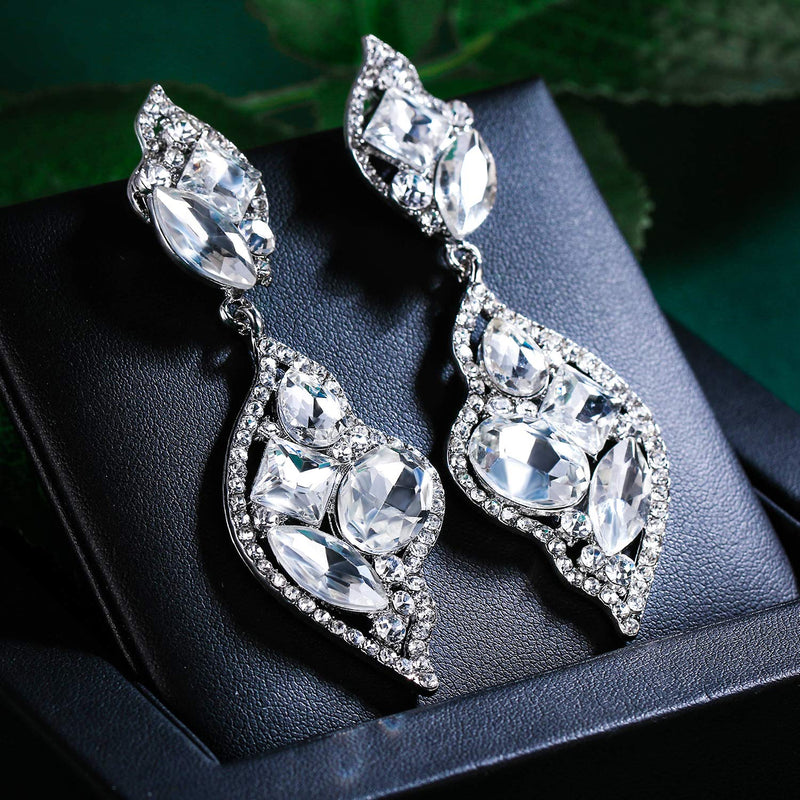 [Australia] - BriLove Women's Wedding Bridal Crystal Leaf-Shaped Multi-Rhinestone Dangle Earrings Clear Sliver-Tone 