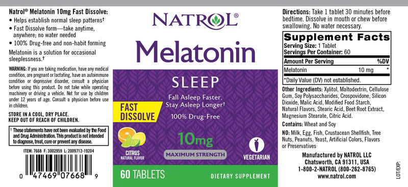 [Australia] - Natrol Melatonin Fast Dissolve Tablets, Helps You Fall Asleep Faster, Stay Asleep Longer, Easy to take, Dissolves in Mouth, Strengthen Immune System, Max Strength, Citrus Punch Flavor, 10mg, 60 Count 