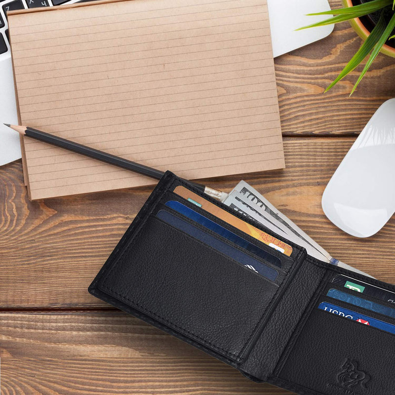 [Australia] - Slim Bifold Wallet for Men - Black Leather RFID Secure Billfold with Card Slots Ebony 