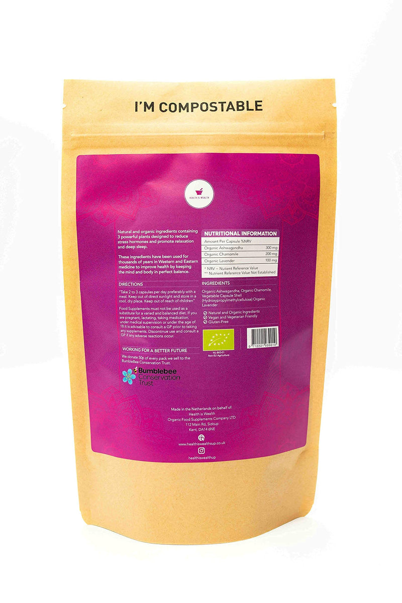 [Australia] - Organic Ashwagandha, Chamomile and Lavender - 120 Natural Capsules - Feel Calm, Lower Stress, Anxiety & Improved Sleep. Made by Health Is Wealth 
