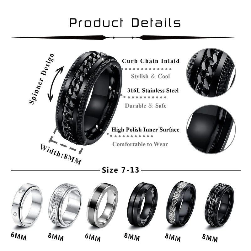 [Australia] - JOERICA 6Pcs Black Stainless Steel Fidget Spinner Rings for Men Women Cool Relieving Anxiety Peace Rings for Worry Wedding Promise Band Rings Set Size 7-13 