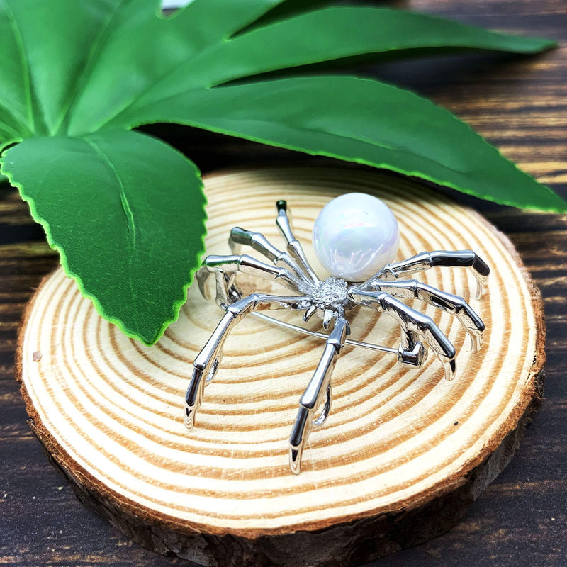 [Australia] - XGALBLA Realistic Simulated Pearl Cubic Zircon Animal Insect Spider Brooch Pins White Tone 