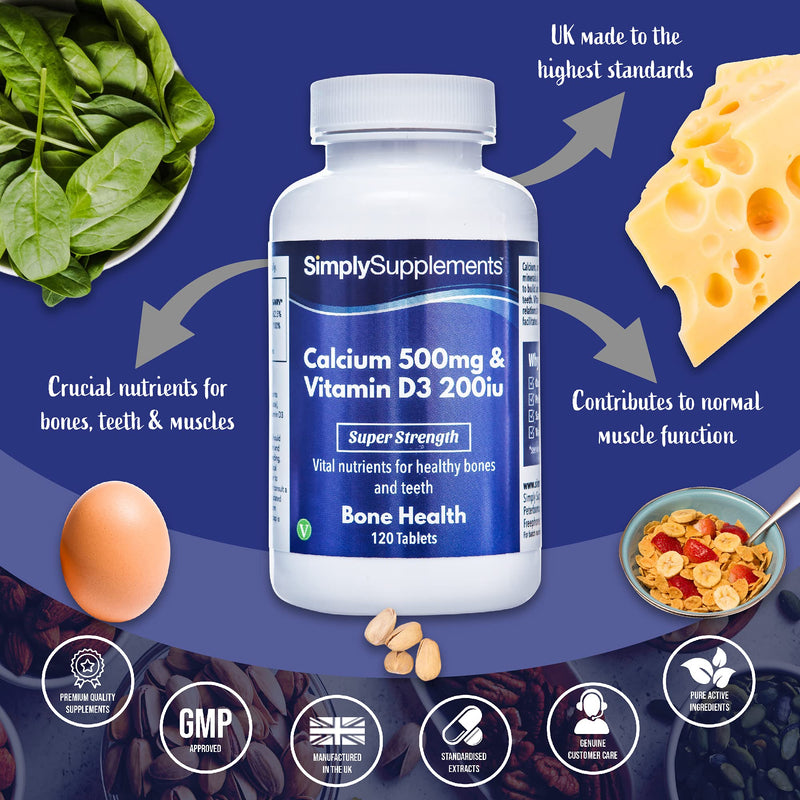 [Australia] - Calcium Tablets with Vitamin D | High Strength Supplements for Bones & Teeth | Vegetarian Friendly | 500mg of Calcium and 200iu of Vitamin D3 | 120 Tablets = 3 Month Supply | Manufactured in The UK 
