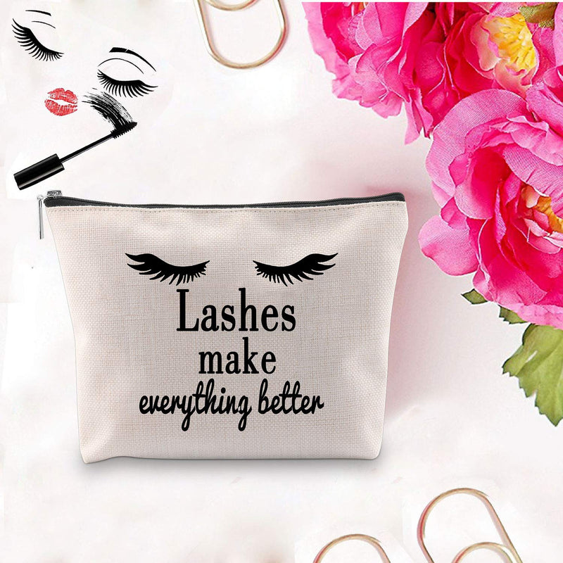 [Australia] - PXTIDY Eyelashes Quote Makeup Bag Lashes Make Everything Better Cosmetic Bag Girls Makeup Pouch Travel Bags (Beige) 