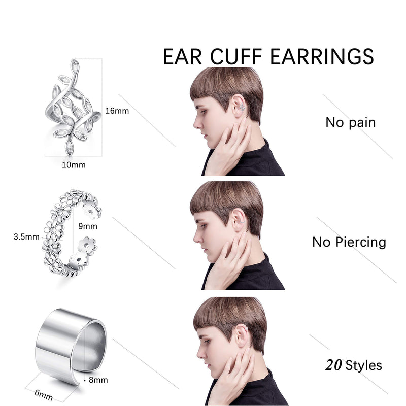 [Australia] - Milacolato 20Pcs Adjustable Ear Cuffs Earrings Set for Women Stainless Steel Non-Piercing Cartilage Clip On Wrap Earring Set Silver Tone 