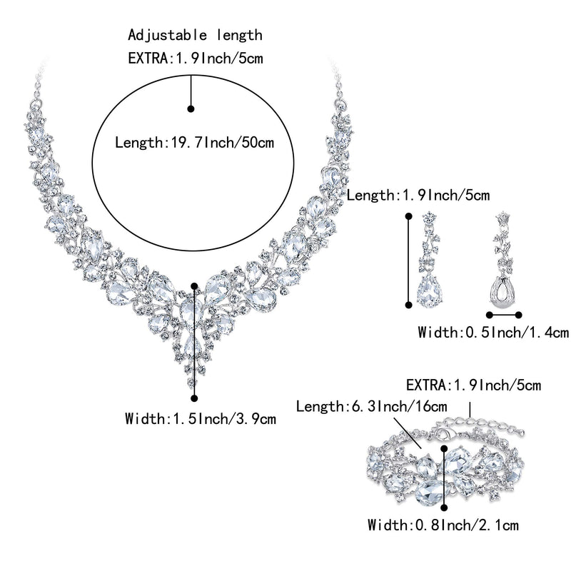 [Australia] - BriLove Wedding Bridal Jewelery for Women Austrian Crystal Teardrop Cluster Statement Necklace Dangle Earrings Link Bracelet Set 01-Clear Silver-Tone 