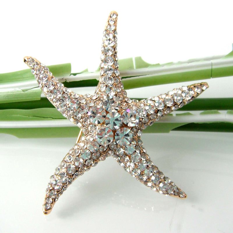 [Australia] - Navachi 18k Gold Plated Multi-Color Crystal Big Sea Star Starfish Brooch Pin White 