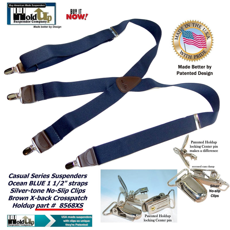 [Australia] - Holdup Suspender Company's Dark Ocean Blue Suspenders in X-back Style and Patented No-slip Silver-tone Clips 