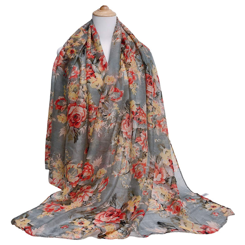 [Australia] - GERINLY Lightweight Scarves Fashion Flowers Print Women Cotton Wrap Scarf A-gray 