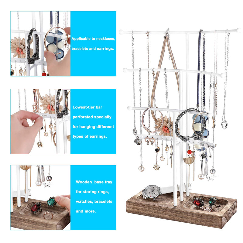 [Australia] - Urban Deco Arc Jewelry Holder— 4 Tier Jewelry Organizer Stand With White Coated Wood and Brown Tray For Girls And Women To Organize Necklace, Earrings, Bracelet, Ring, Watch And Hair Tie. 