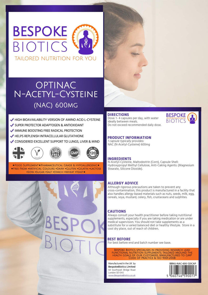 [Australia] - N-Acetyl-Cysteine 600mg (NAC) Liver Lung Skin Mind Support OPTINAC | Antioxidant Glutathione Precursor | Bespoke Biotics UK Made | Vegan | 120 Caps 
