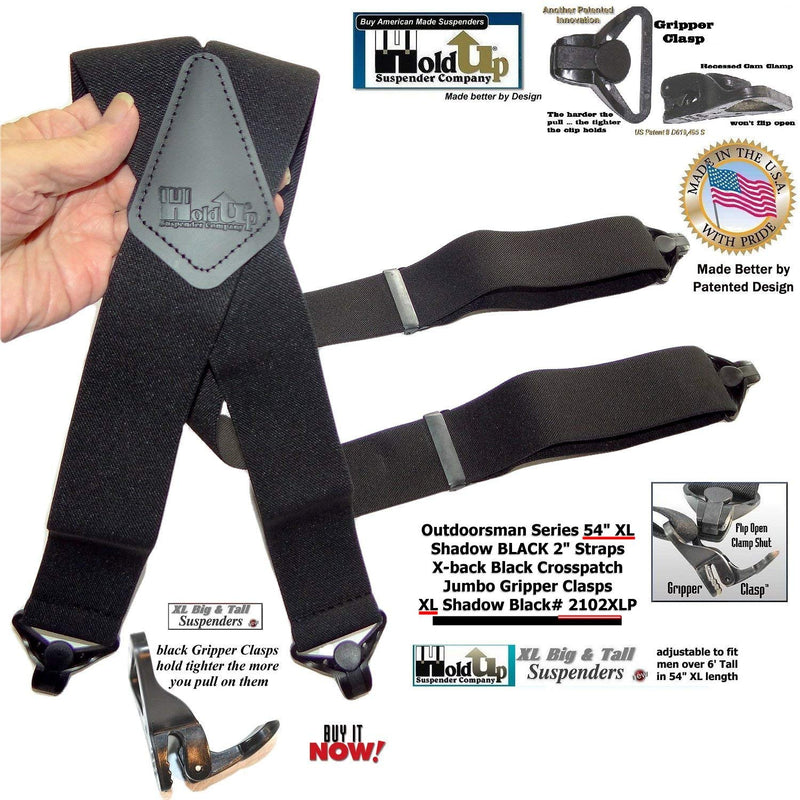 [Australia] - Outdoorsman Series HoldUp brand XL Shadow Black Heavy Duty Work Suspenders 2 inch wide with Black Patented Gripper Clasps 