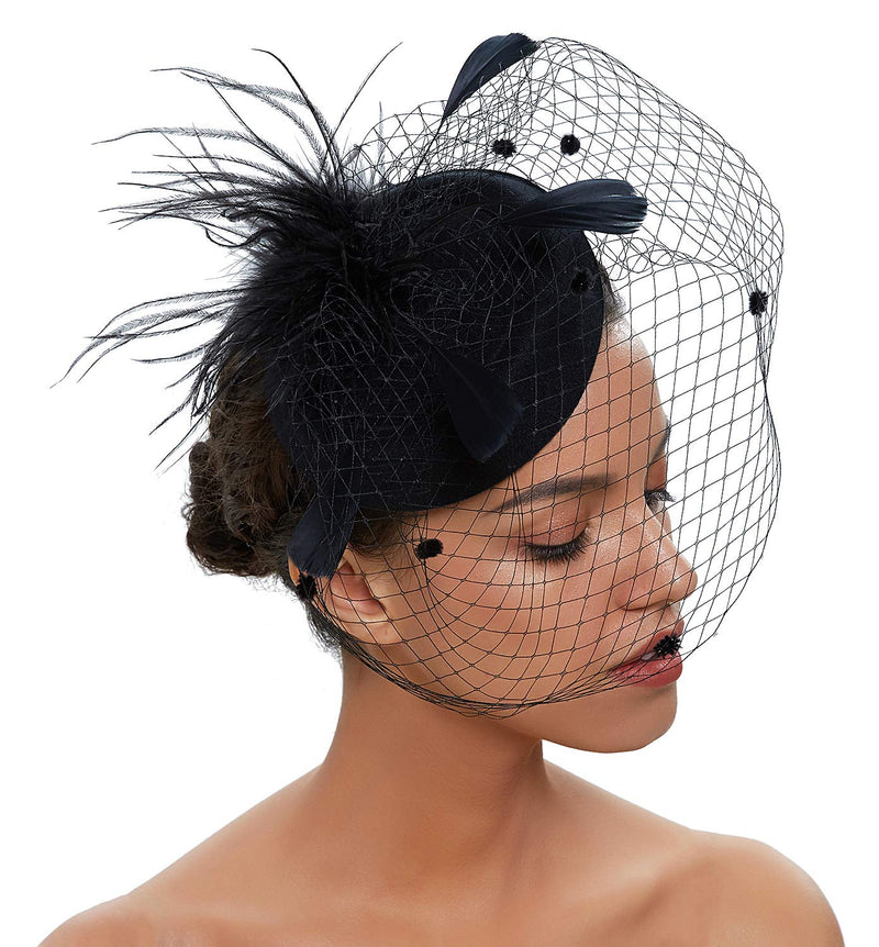 [Australia] - Zivyes Fascinator Hats for Women Pillbox Hat with Veil Headband and a Forked Clip Tea Party Headwear 1-0-black 