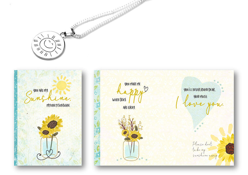 [Australia] - Smiling Wisdom - You are My Sunshine Sun Face Necklace Gift Set - Happy Greeting Card - For Woman, Sister, Daughter, Mother, Teen Girl - Double Sided Round - Silver - New 