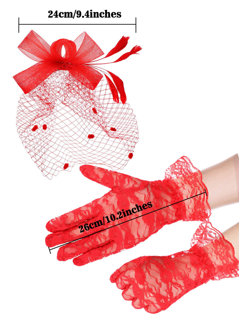 [Australia] - Bowknot Fascinator Hat Feathers Veil Mesh Headband and Short Lace Gloves Floral Lace Gloves Red 