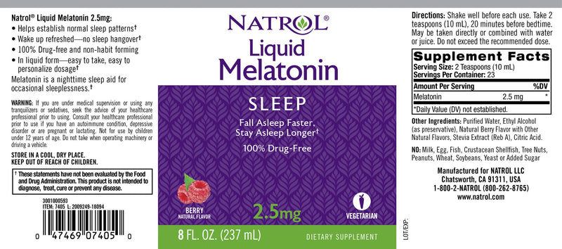 [Australia] - Natrol Liquid Melatonin, Helps You Fall Asleep Faster, Stay Asleep Longer, Faster Absorption, 100% Vegetarian, Berry Flavor, 2.5mg, 8 Fl. Ounce Bottle 