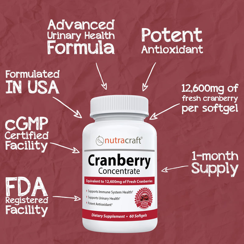 [Australia] - #1 Cranberry Extract Concentrate | 12,600 mg of Fresh Cranberries, Vitamin C + E | Bladder & Urinary Tract Support | Sugar Free | 60 Softgel Capsules 
