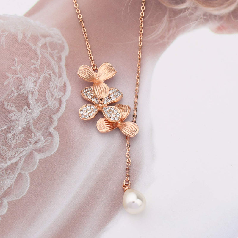 [Australia] - BNQL Orchid Flower Necklace Bracelet with Teardrop Pearl Wedding Jewelry Bridesmaids Gifts Rose gold 
