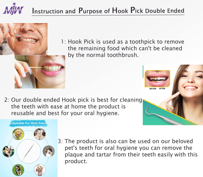 [Australia] - Hook Pick Double Ended Oral Hygiene Dental Explorer Stainless Steel Teeth Cleaning Oral Student Tool Tooth Picks Metal 