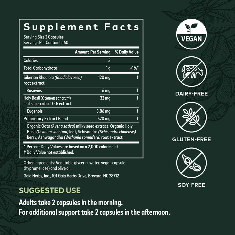 [Australia] - Gaia Herbs Adrenal Health Daily Support - with Ashwagandha, Holy Basil & Schisandra - Herbal Supplement to Help Maintain Healthy Energy and Stress Levels - 120 Liquid Phyto-Capsules (60-Day Supply) 120 Count (Pack of 1) Standard Packaging 