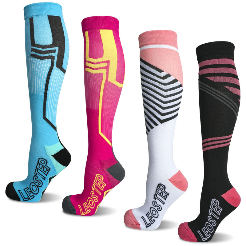 [Australia] - Compression Socks for Women & Men Medical Circulation 15-25 mmHg,Best for Nurses,Youth,Nursing,Running,Travel(4 Pairs) Geometric S-M 