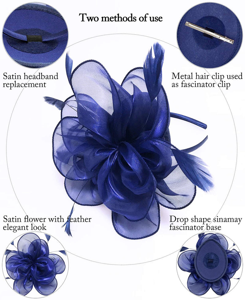 [Australia] - Z&X Sinamay Fascinator Kentucky Derby Church Hats for Women Floral Feather Tea Party Hat Bridal Headpiece with Headband Clip 029- Navy Blue 