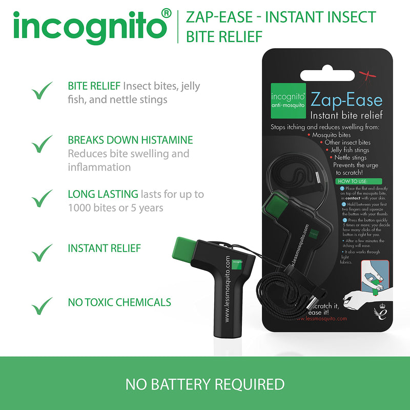 [Australia] - INCOGNITO Zap Ease Electronic Insect Sting & Bite Relief for Up to 1,000 Bites - Works on Mosquito, Bug & Biting Insects - That Can Be Used at Home & for Travels, Black, 25 g 