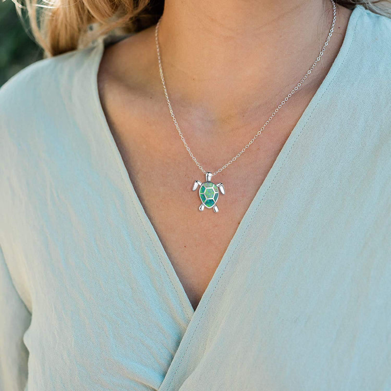 [Australia] - ATIMIGO Cute Sea Turtle Pendant Necklace Created Opal Necklace Silver Chain Animal Jewelry Gift for Women Girls green 