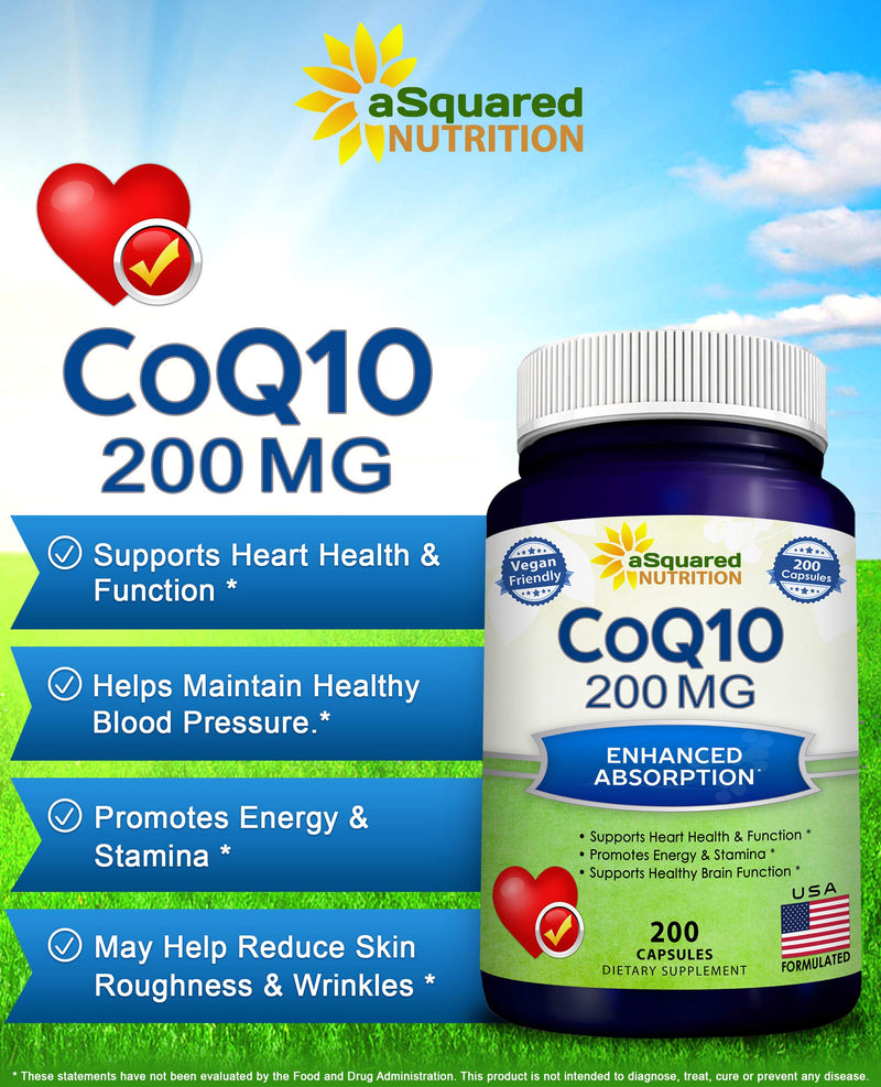 [Australia] - CoQ10 (200 Capsules and 200mg) - High Absorption Vegan CO Q-10 Powder - Enzyme Ubiquinone Supplement Pills, Extra Antioxidant Coenzyme Q10 Vitamin Tablets, Coq 10 for Healthy Blood Pressure & Heart 