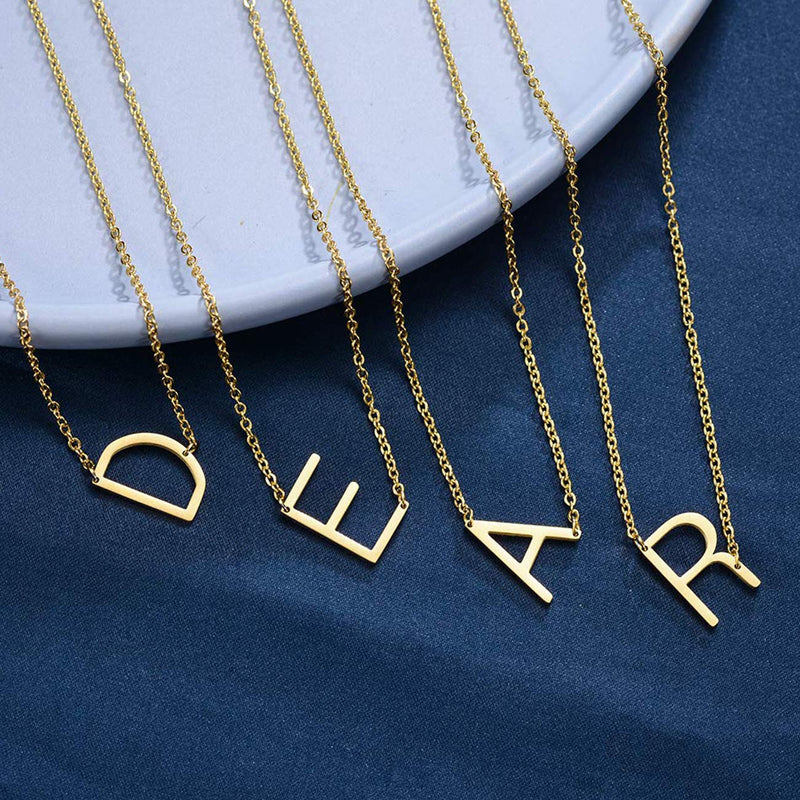 [Australia] - Ovian Sideways Initial Necklace for Women 18K Gold Plated Stainless Steel Small Letter Pendant Necklace Dainty Personalized Monogram Name Necklace for Girls J 