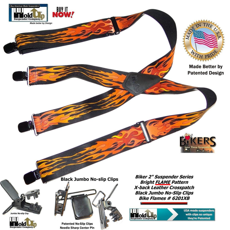 [Australia] - Holdup Suspender Company Flame Pattern 2" wide Biker Suspenders with Patented Jumbo black no-slip Clips 