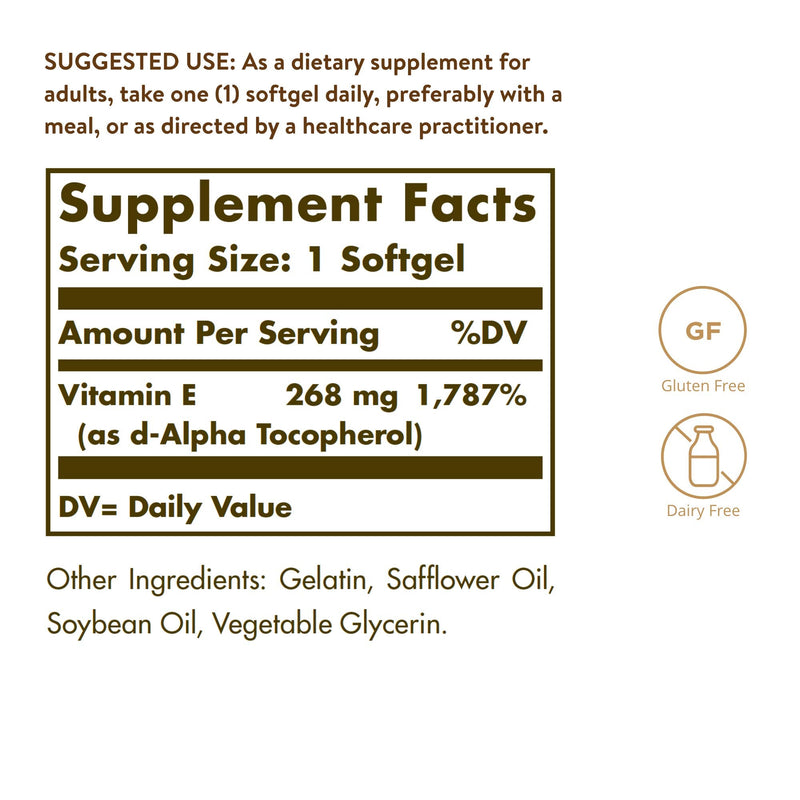 [Australia] - Solgar Natural Source Vitamin E 268 mg (400 IU) Softgels - Pack of 100 - Protects Cells From Oxidative Stress - Immune System Support - Vegan and Gluten Free 100 Count (Pack of 1) 