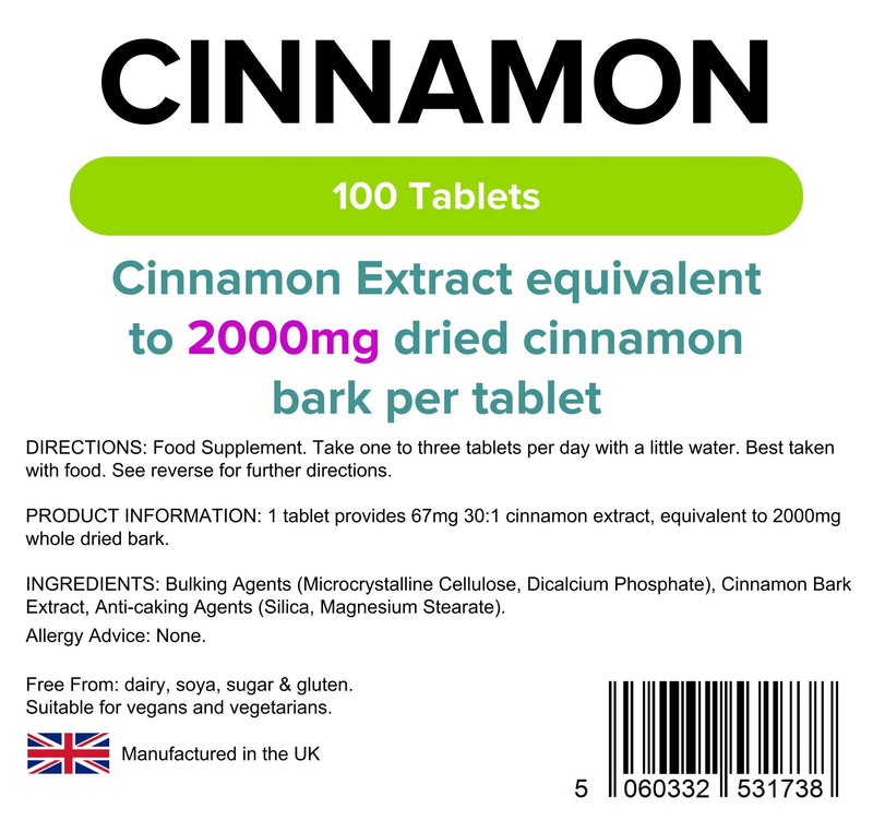 [Australia] - Lindens Cinnamon 2000mg Tablets - 100 Pack - Super Concentrated 30X Extract Equivalent to Half A Teaspoon of Cinnamon Spice - UK Manufacturer, Letterbox Friendly 