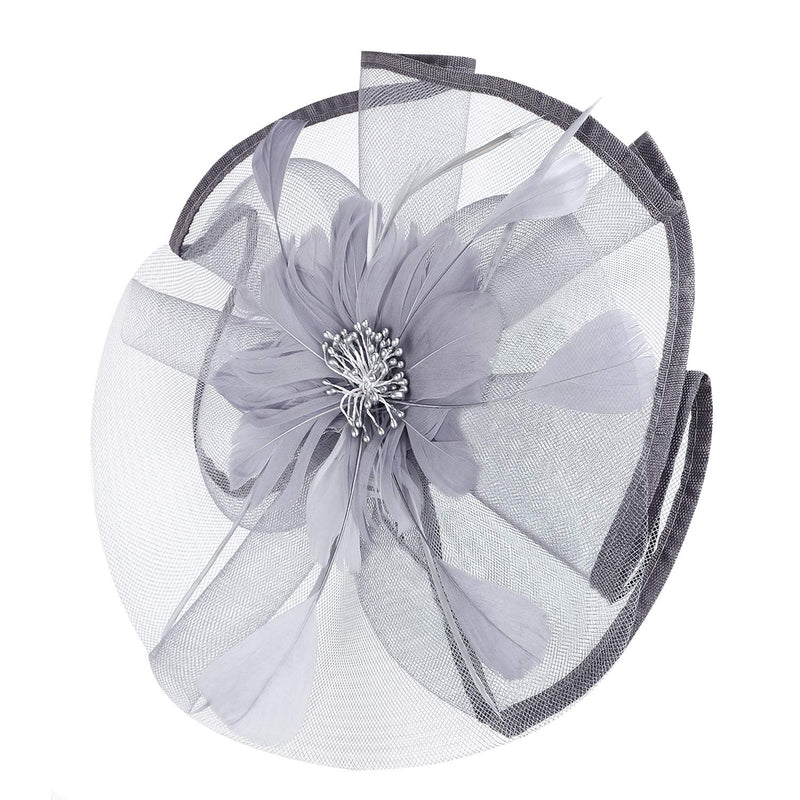 [Australia] - Women Mesh Flower Fascinator Hat Net Veil Wedding Party Feather Hat Retro Kentucky Derby Hat Headband Cocktail Tea Bridal Shower Hair Clips Sinamay Pillbox Hat Royal Ascot Church Head Piece Headwear Grey 