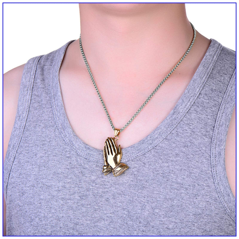 [Australia] - Fusamk Fashion Stainless Steel Prayer of Hand Pendant Necklace,24" Link Chain Gold Prayer of Hand 