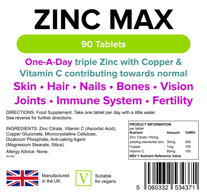 [Australia] - Lindens Zinc Max Tablets - 90 Pack - Provides 300% Nrv Dose and Fortified with Vitamin C & Copper to Contribute Towards Healthy Hair, Skin, Nails, Vision & Hormone Balance - UK Manufacturer, Letterbox Friendly 