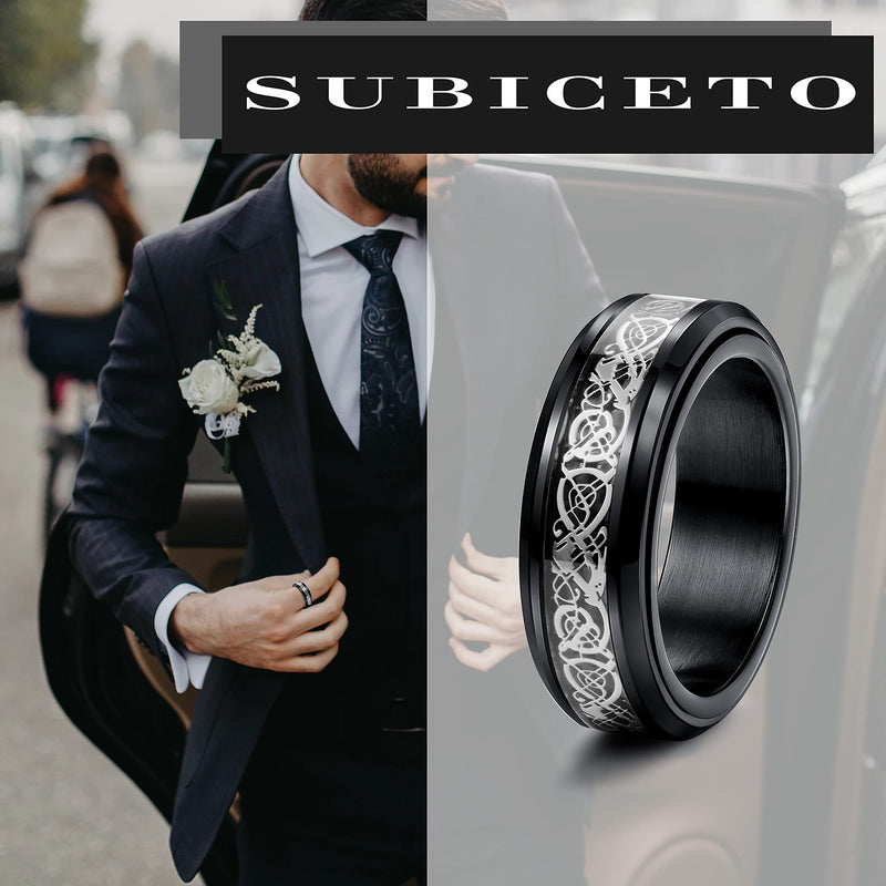 [Australia] - Subiceto 4Pcs Black Spinner Fidget Rings for Men Women Stainless Steel 8MM Wide Cool Ring with Chain Inlaid Band Ring Set for Anxiety Stress Relieving Wedding Promise Size 7-13 