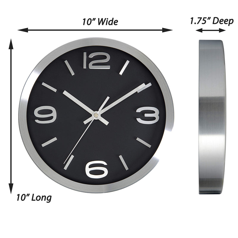 [Australia] - Bernhard Products Modern Wall Clock 10 Inch Black & Silver Silent Non Ticking Battery Operated Metal Round Elegant Quality Quartz, Kitchen Home Office Clock with 3D Numbers, Easy to Read Silver & Jet Black 
