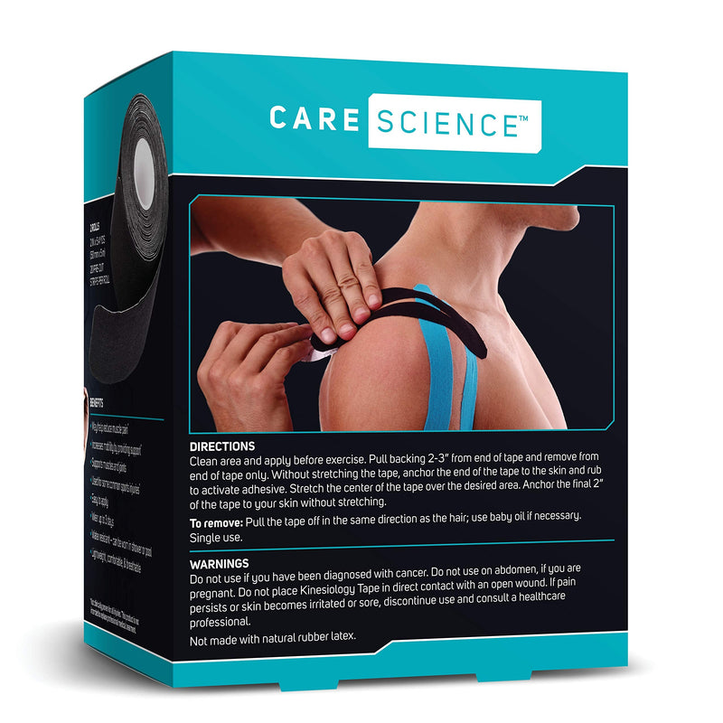 [Australia] - Care Science Waterproof Kinesiology Tape, 40 ct Precut Strips (2 Rolls), Black | Elastic Sports & Weightlifting Tape Supports Muscles & Joints. Water Resistant 