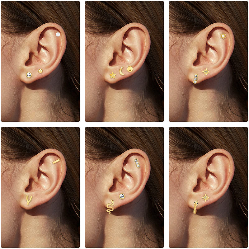 [Australia] - LANE WOODS Gold Stud Earrings for Women: Small Ball Bar Hypoallergenic Sets Ear Piercing Surgical Steel Earrings Studs 13 Pairs Different Designs Birthday Gifts for Girl Sensitive Ears 