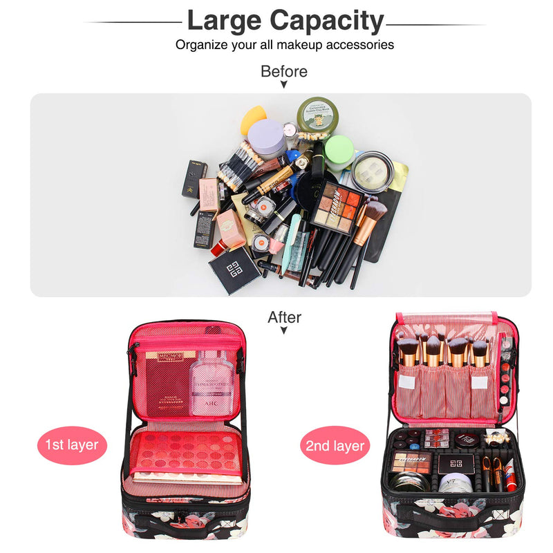 [Australia] - Relavel Travel Makeup Bag 2 Layer Heighten Makeup Train Case Cosmetic Storage and Organizer Box Portable Makeup Carrying Case with Shoulder Strap and Adjustable Dividers (Peony Pattern) Small 1 Peony Pattern 