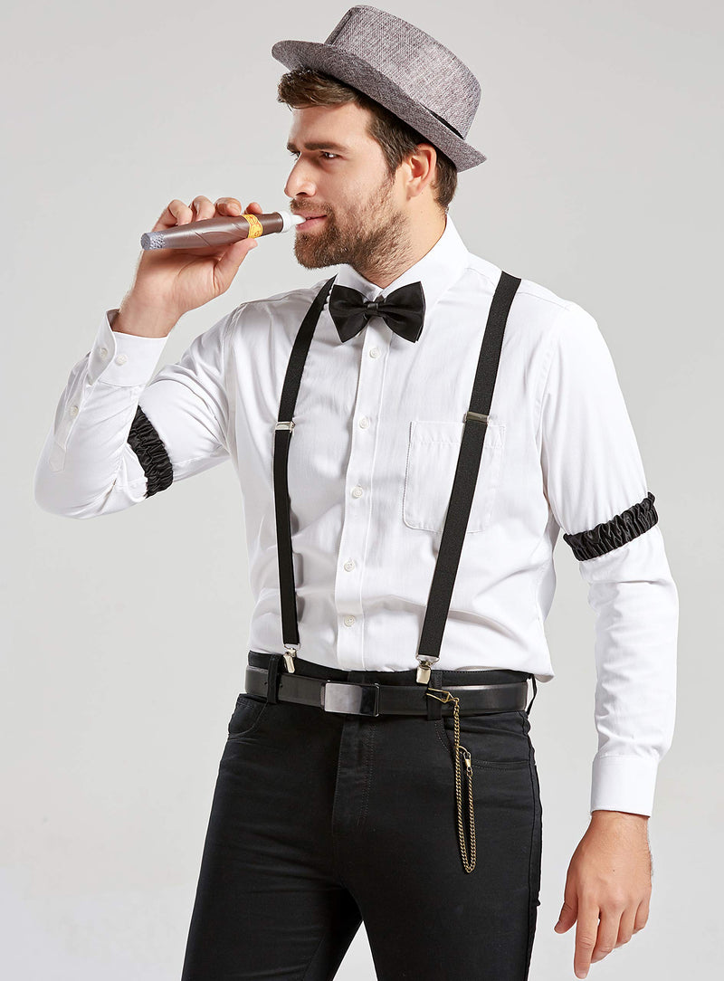 [Australia] - BABEYOND 1920s Mens Gatsby Gangster Accessories Set Panama Hat Suspender Bow Tie Gray Set 